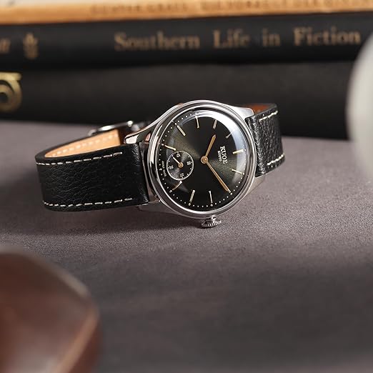 KUOE KYOTO Classic Antique Watch 35mm Type-Pressed Black Leather Band
