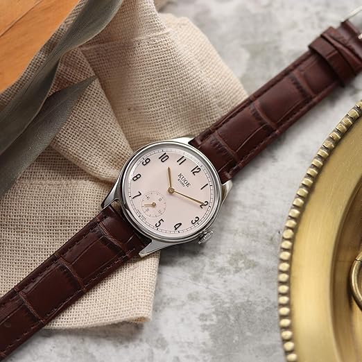 KUOE KYOTO Classic Antique Watch 35mm Type-Pressed Brown Leather Band