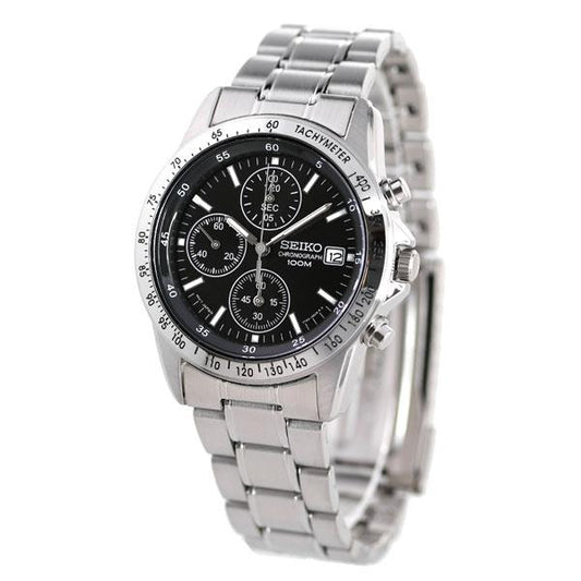 SEIKO SND367PC black dial chronograph watch front view